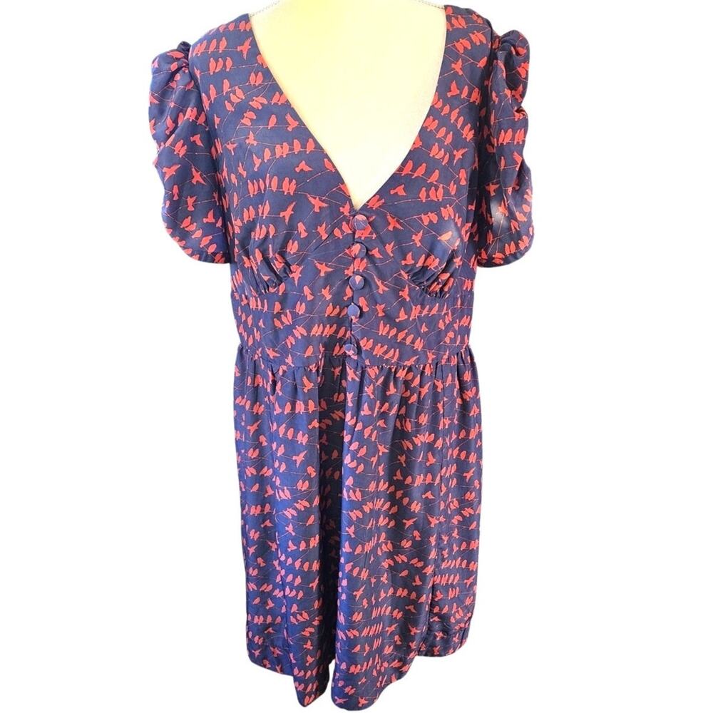 eShakti Short Sleeve V Neck All over Bird Print Knee length Dress L